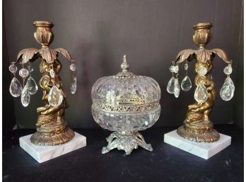 Pair Of Vintage Hollywood Regency Figural Brass Cherub Candlestick Holders & Crystal Lidded Candy Dish