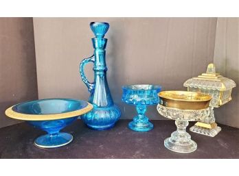 Collection Of Beautiful Vintage Turquoise Blue & Clear Glass Bowls, Candy Dishes & Decanter