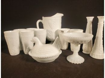 Vintage Milk Glass Assortment - Pedestal Candy Dish, Pitcher & Tumbler Set, Chicken Dish & More