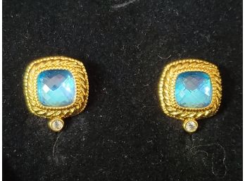 Beautiful Joan Rivers Gold Tone Faceted Ocean Blue Color Stone Ladies Clip On Earrings