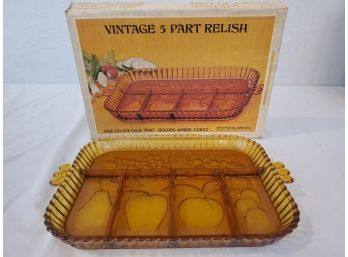 Vintage Five Part Relish Tray, Amber Color With Original Box 12 34 X 9