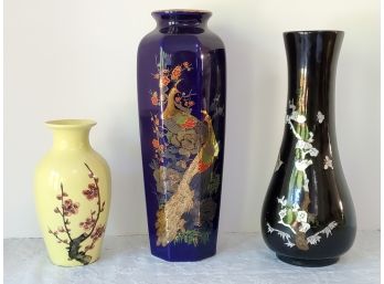 Three Vintage Asian Flower Vases - Including Sata Garden Japan, Wood MOP Inlaid And More