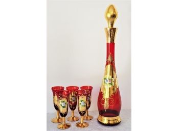 Vintage Ruby Glass & Gold Gilt Hand Painted & Blown Bohemian Glass Cordial Decanter Set