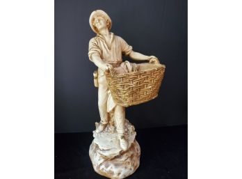 Dramatic Vintage Ceramic Fisherman With Basket Sculpture