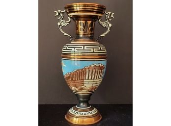 Handsome Painted Greek Parthenon Copper Urn Shaped Vase - Made In Greece