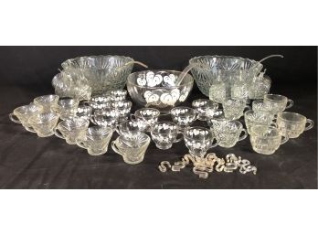 Vintage Punch Bowls And Cups Lot - Including Anchor Hocking