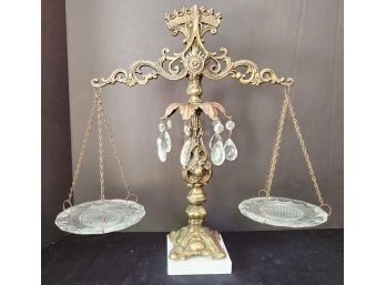 Vintage Hollywood Regency Ornate  Figural Brass Scale, Prisms & Marble Base