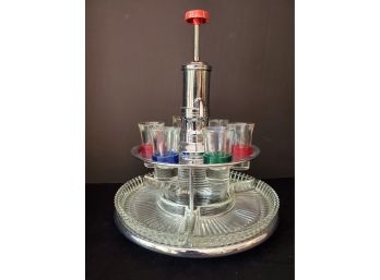 Awesome Vintage MCM Chrome & Glass Lazy Susan Pump Liquor Dispenser, Shot Glasses & Snack Trays