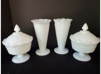 Pretty Grouping Of Vintage Milk Glass Vases & Candy Dishes