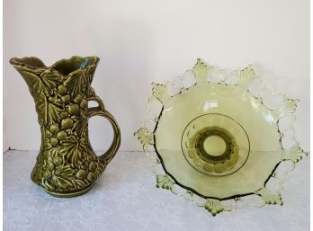 Vintage McCoy USA Avocado Green Pitcher & Mcm Blown Glass Pedestal Bowl