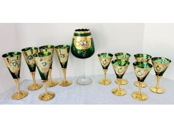 Stunning Vintage Bohemian Emerald Green Art Glass Hand Painted Stemware