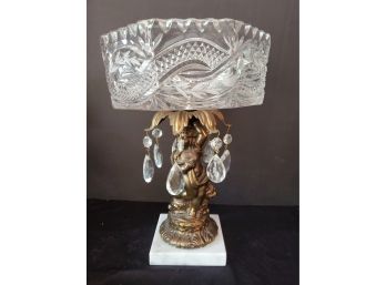 Vintage Hollywood Regency Ornate Cut Crystal & Prisms & Figural Brass Compote Dish With White Marble Base