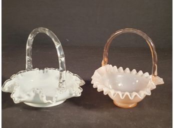 Two Pretty Vintage Fenton White & Pale Pink Art Glass Ruffled Candy Dishes