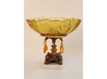 Pretty Vintage Hollywood Regency Amber Glass & Brass Compote With Crystals On Marble Base