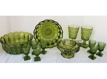 Vintage Avocado Green Glass Grouping - Including Fenton Hobnail Flower Frog Bowl & More