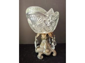 Vintage Hollywood Regency Crystal Bowl On Figurine Brass Base With Hanging Prisms