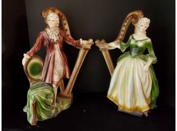 Pair Of Lovely Vintage Italian Chalk Ware Large Victorian Man & Woman Playing Harp