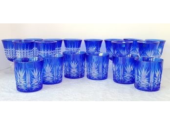 Beautiful Cristal DArques Lead Crystal Cut To Clear Cobalt Blue Cordials And Rocks Glasses