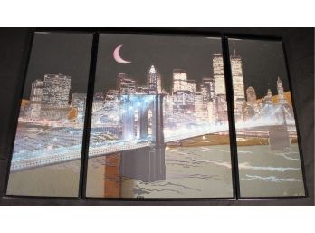 Three Piece MCM Wall Hanging NYC Night Skyline With The Twin Towers