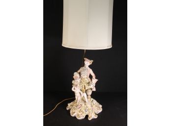 Italian Porcelain Victorian Figural Man And Cherub Lamp, Made In Italy - Capodimonte