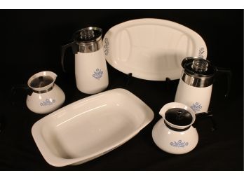 Mixed Group Of Vintage Corning Ware With Roasting Pan, Platter & Four Coffee/Tea Pots