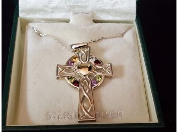 Lovely Sterling Silver Irish Cross Pendant & Chain Decorated With Colored Stones