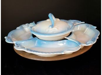 Fantastic Vintage MCM Maurice Of California Baby Blue & White Ceramic Chip & Dip With Lazy Susan Base