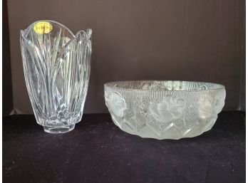 Block Lead Crystal Flower Vase & Frosted Crystal Bowl - Hand Made In Poland