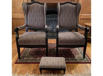 Pair Of Empire Style Arm Chairs With Brass Tacking And Matching Ottoman