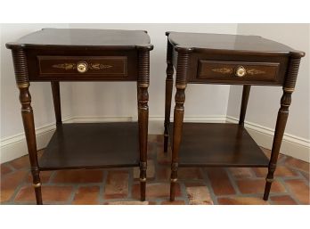 Pair Of Classic Hitchcock Stenciled One Drawer Stands With Cookie Corners