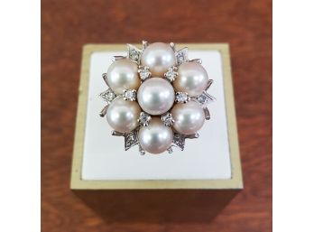 Stunning 14k White Gold Pearl & Diamond Cocktail Ring 8.8g