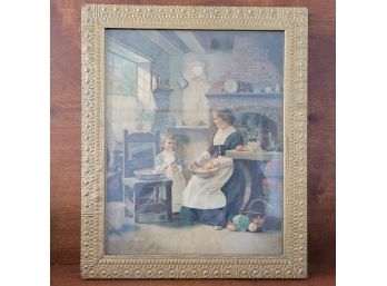 Beautiful Antique Framed  Print By E. Larroque 'A Mother And Daughter Peeling'