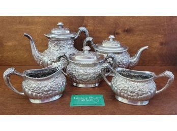 Vintage Simpson Hall Miller & Co Repousse Quadruple Silver Plate Tea Set