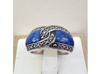 Sterling Silver Blue Lapis & Hematite Ring Sz 7