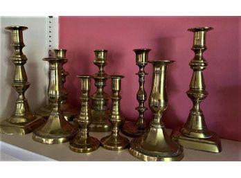 Lot Of 9 Brass Candlesticks