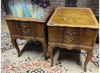 A PAIR OF FRENCH PROVINCIAL STYLE LEATHER TOP SIDE TABLES