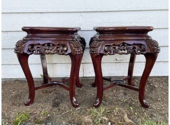 SWEET PAIR OF CHINESE ROSEWOOD CARVED STANDS WITH PINK MARBLE INSERTS