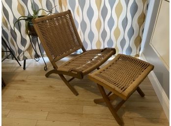 Hans Wegner Style Folding Danish Cord Chair AND Ottoman (Yugoslavia)