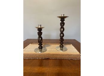 Pair Of Mid Century Barley Twist Wood Candle Sticks