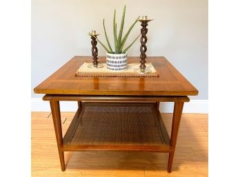 John Widdicomb Two-Tier Side Table With Floating Top And Caned Shelf