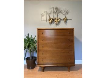 Kent Coffey 'The Continental' Mid Century Walnut And Brass 5 Drawer Highboy Dresser