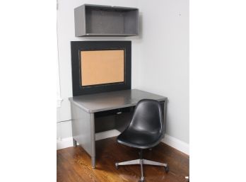 McDowell & Craig Steel Pedestal Tanker Desk With Chair, Shelf And Cork Board