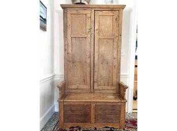 Rustic Antique Country Farmhouse Knotty Pine Entryway Hutch With Bench Seat