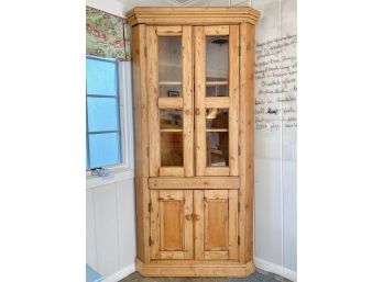 Rustic Knotty Pine Farmhouse Corner Hutch With Glass Paned Doors