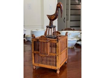 Antique Wooden Cricket Cage With Dog And Bird Motif