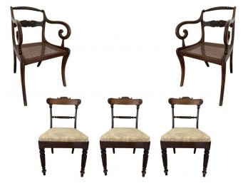 Set Of 5 French Inspired Cane And Upholstered Dining Chairs