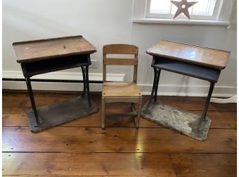 Early 1900's Antique Cast Iron Children's School Desks And Chair