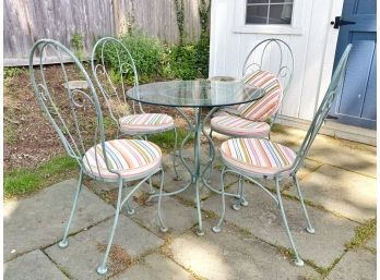 Moss Green Iron Bistro Dining Set With Custom Striped Cushions