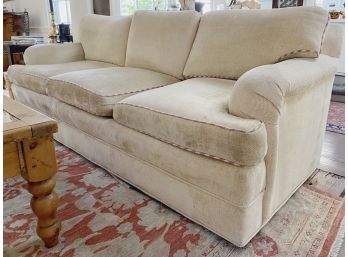 Custom Chenille Upholstered 3-cushion Sofa With Pink Striped Cording