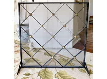 Black Coated Iron Mesh Fireplace Screen With Brass Detail